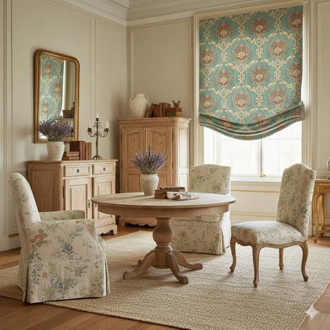 Vintage-style room with wooden furniture, floral chairs, and decorative window treatments.