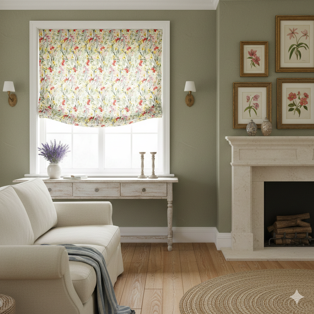 Living room with floral linen relaxed roman shade, fireplace, and framed pictures.