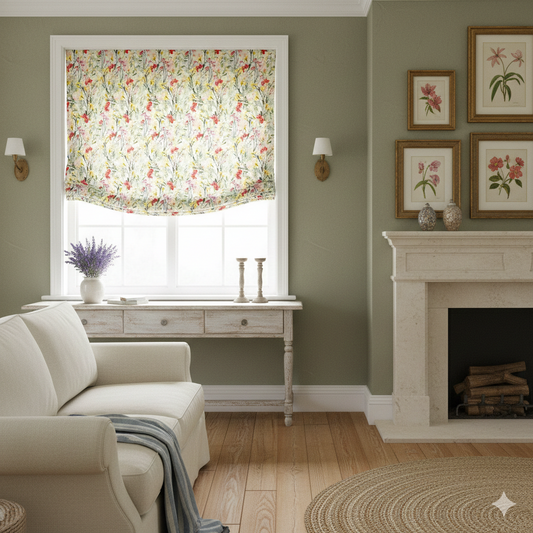 Living room with floral linen relaxed roman shade, fireplace, and framed pictures.