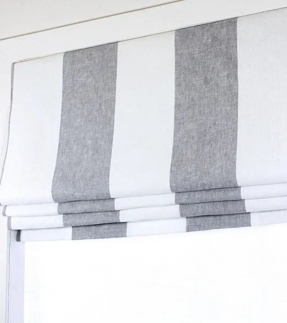 White Gray 100% Linen Wide Stripe Flat Roman Shade, CL1026