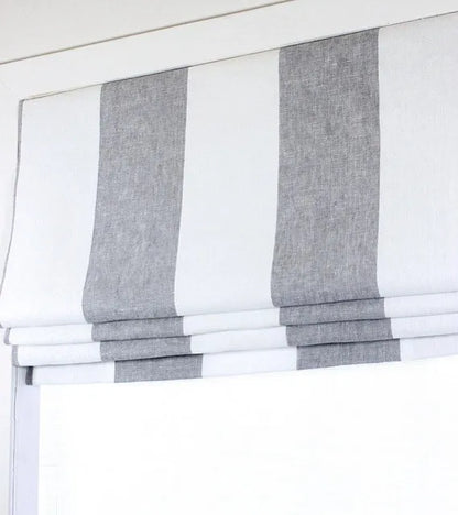 White Gray 100% Linen Wide Stripe Flat Roman Shade, CL1026