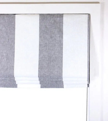 White Gray 100% Linen Wide Stripe Flat Roman Shade, CL1026