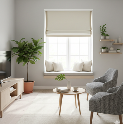 White Linen Flat Roman Shades with Band Bordered Ivory Trim/CL1010 - Classic & Modern Home