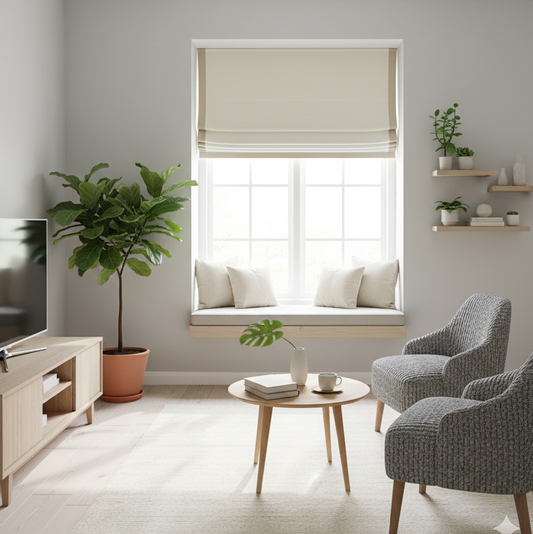 White Linen Flat Roman Shades with Band Bordered Ivory Trim/CL1010 - Classic & Modern Home