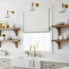 White Flat Roman Shades with Mint Trim/CL1010