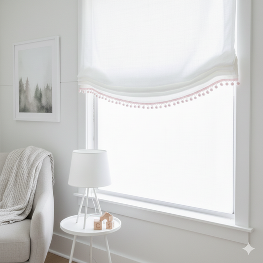 White Linen Relaxed Roman shade with Pink Pom Pom/CL1010 - Classic & Modern Home