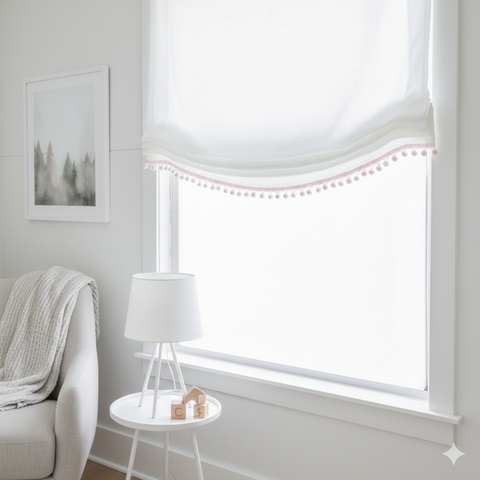 White Linen Relaxed Roman shade with Pink Pom Pom/ CL1010