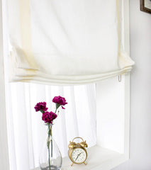 White Linen Relaxed Roman Shades with Cream Bordered Trim/CL1010