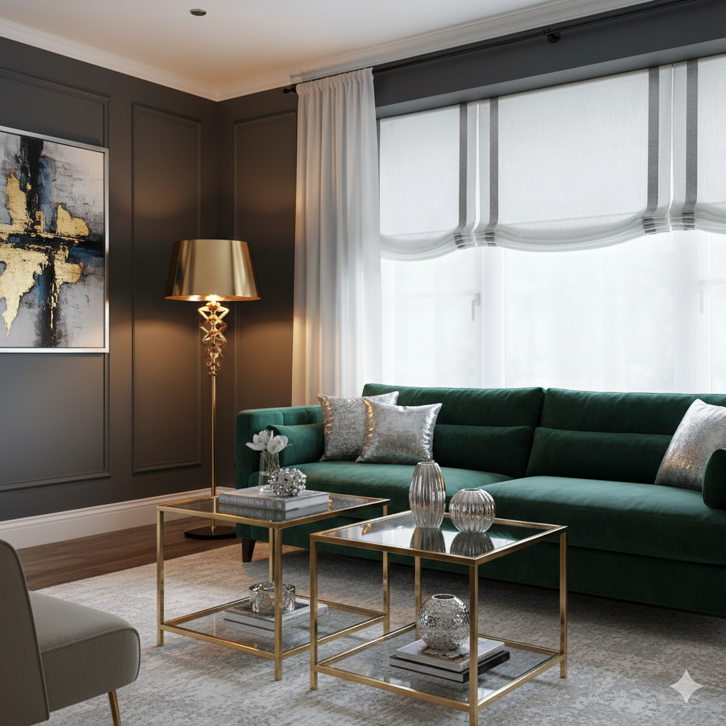 Modern living room with relaxed white roman shade, a green sofa, gold coffee tables, and decorative elements.