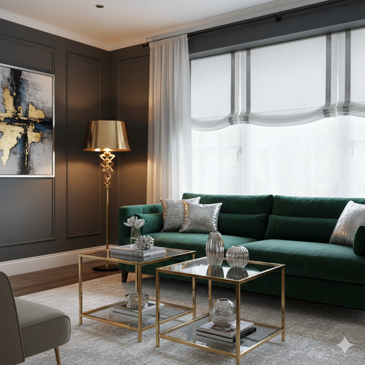 Modern living room with relaxed white roman shade, a green sofa, gold coffee tables, and decorative elements.