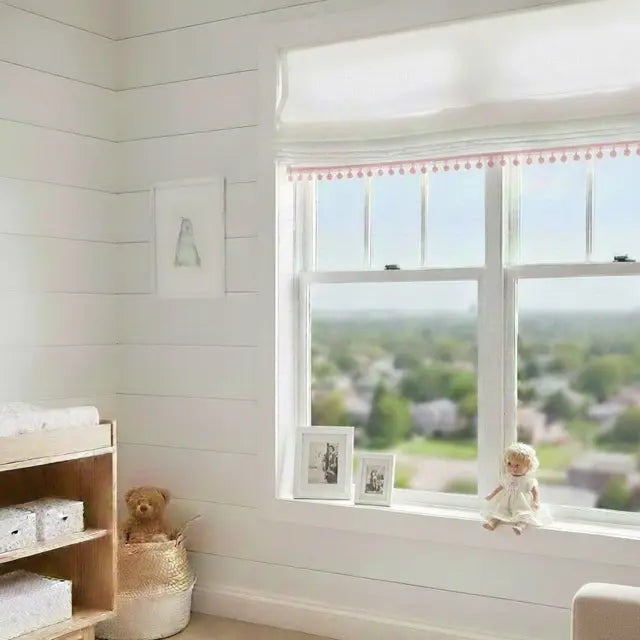 White Linen Flat Roman Shade with Pink Pom Pom, CL1010