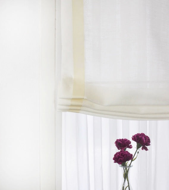 White Linen Relaxed Roman Shades with Cream Trim, CL1010
