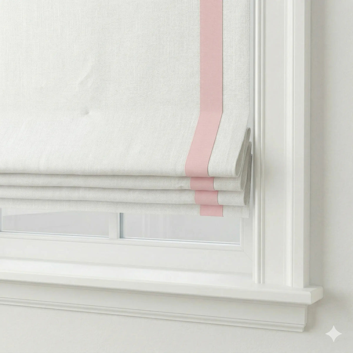 White Linen Flat Roman Shade with Pink Decorative Trims | CL1010