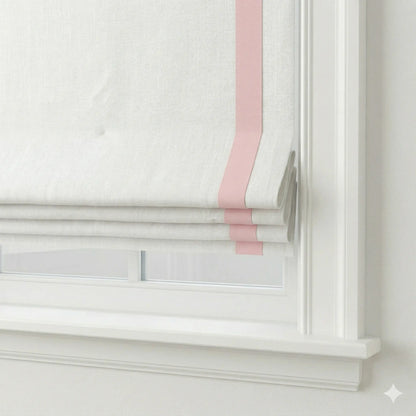 White Linen Flat Roman Shade with Pink Decorative Trims | CL1010