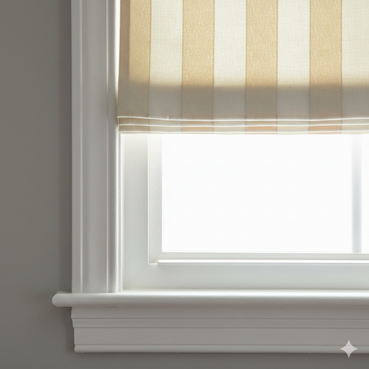 Window with striped roman shade on a gray wall