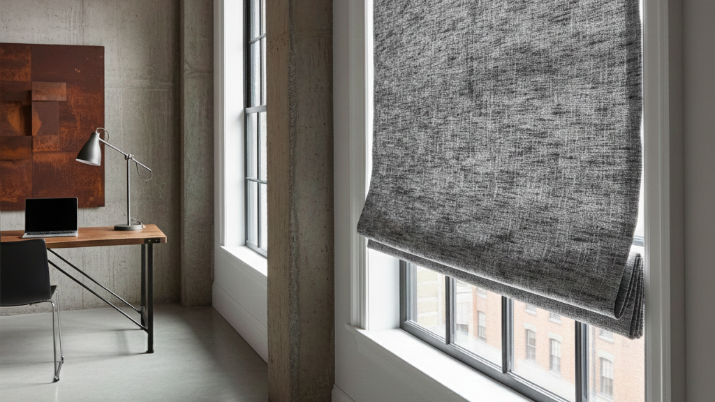 Modern office space with a large window and gray roman shade