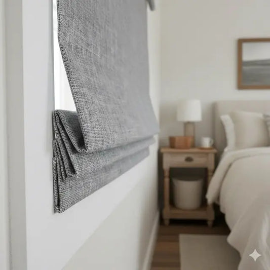 Gray textured roman blind in a bedroom setting

