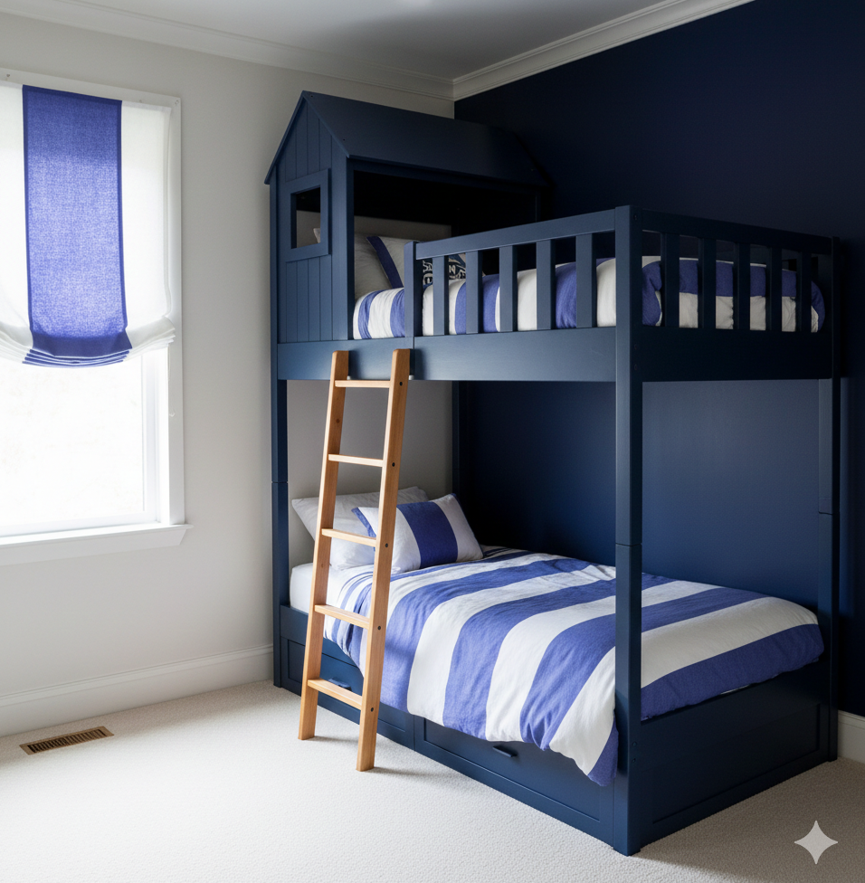 Bunk bed with blue and white striped bedding in a room with a window and blue/white relaxed roman shade.