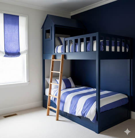 Bunk bed with blue and white striped bedding in a room with a window and blue/white relaxed roman shade.