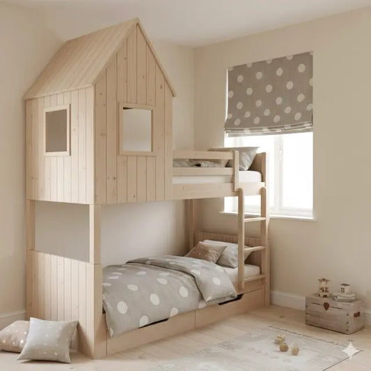 Wooden children's bed with a house-like design in a room with light-colored walls and a circle linen flat roman shade.

