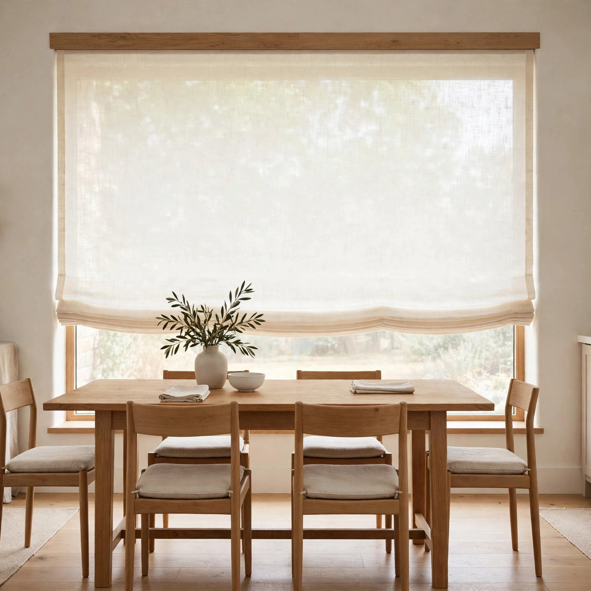 Ivory sheer linen flat Roman shade half raised in a bright dining room