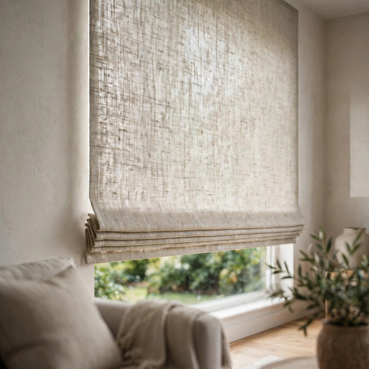 Natural open weave sheer linen flat Roman shade half raised in a bright living room