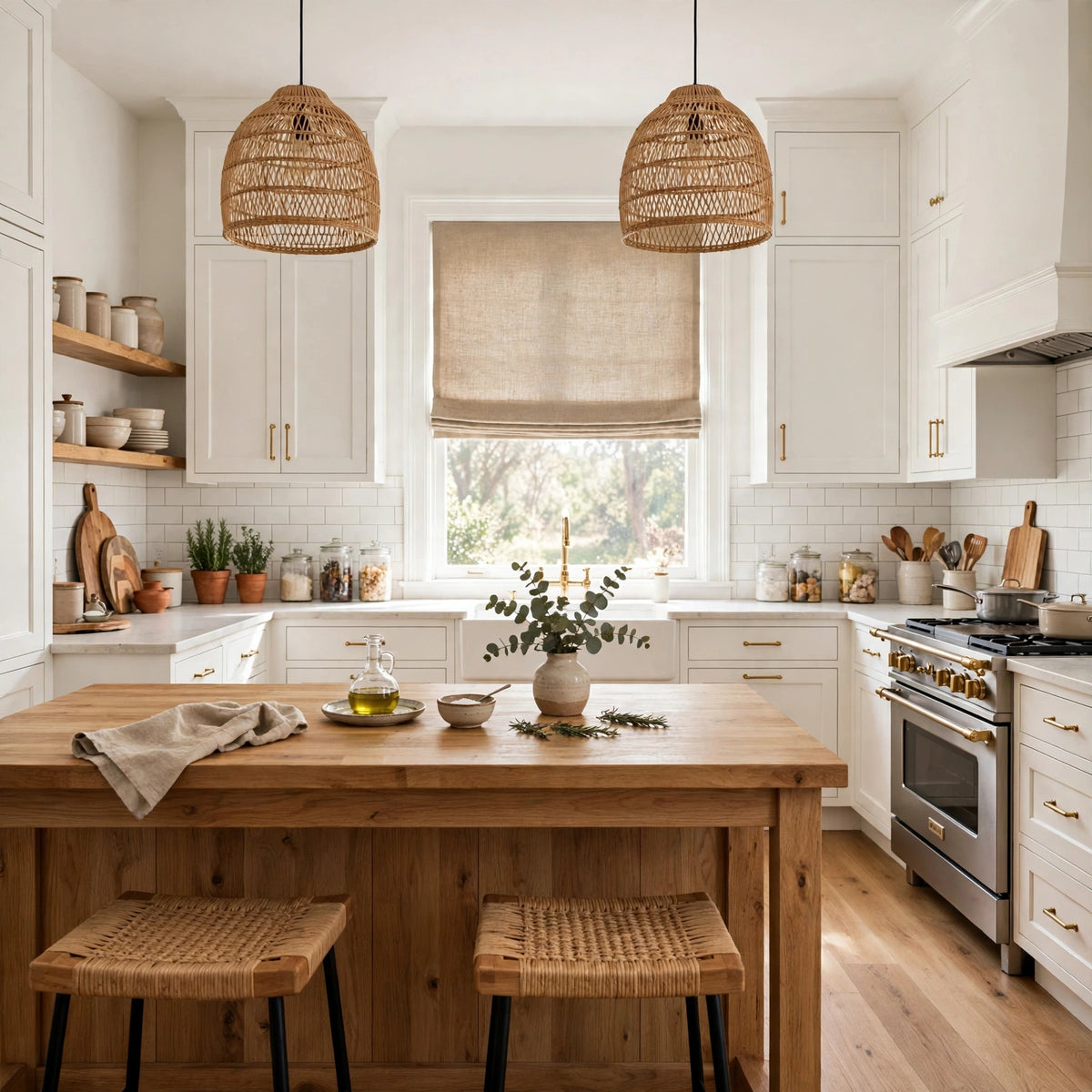 Natural Belgian linen flat Roman shade in a bright kitchen, wide view