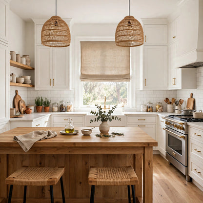 Natural Belgian linen flat Roman shade in a bright kitchen, wide view