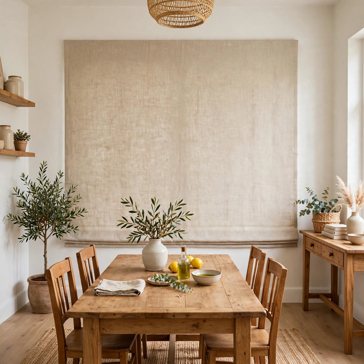 Oatmeal Belgian linen flat Roman shade in a bright dining room, wide view