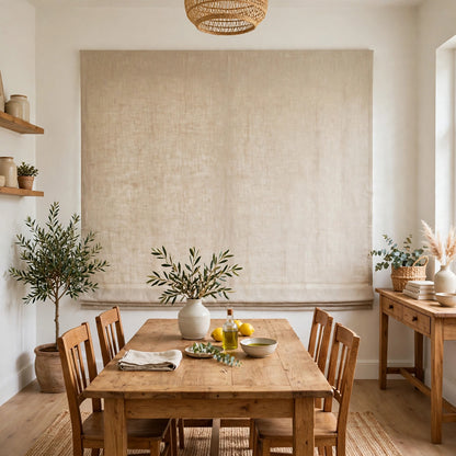 Oatmeal Belgian linen flat Roman shade in a bright dining room, wide view