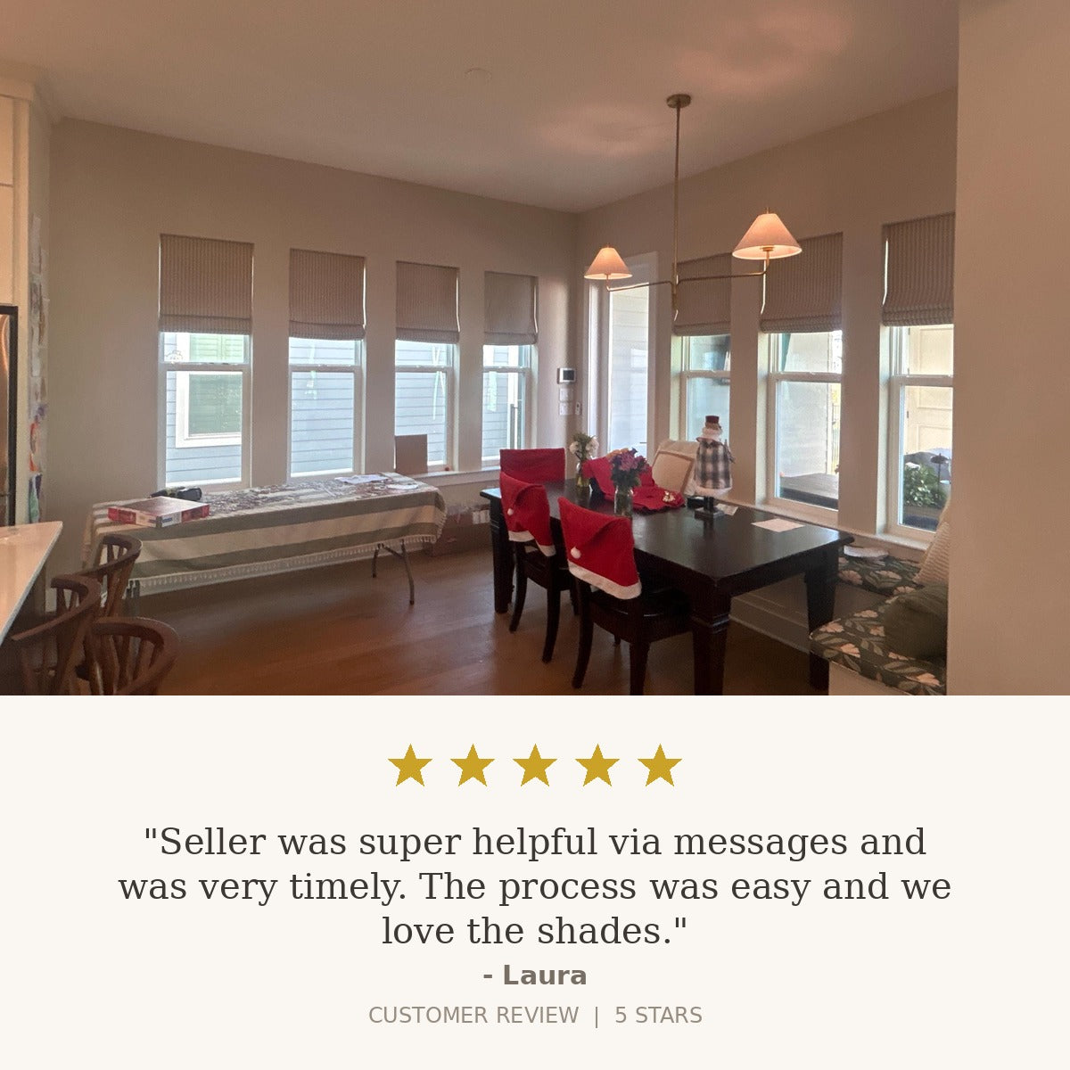 Customer review: five-star rating with installed beige striped linen roman shades