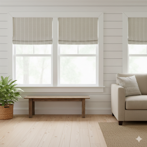 Living room with beige sofa, wooden bench, and window treatments.