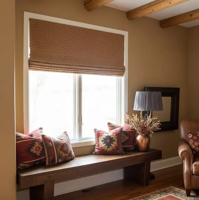 Nook with Gold jacquard flat roman shade, wooden bench, patterned cushions, and a lamp in a cozy room.