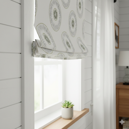 Window with a patterned roman blind in a room with a wooden shelf and plant.