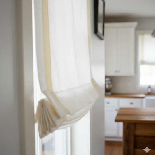 white linen relaxed roman shade with a decorative bow in a farmhouse kitchen.