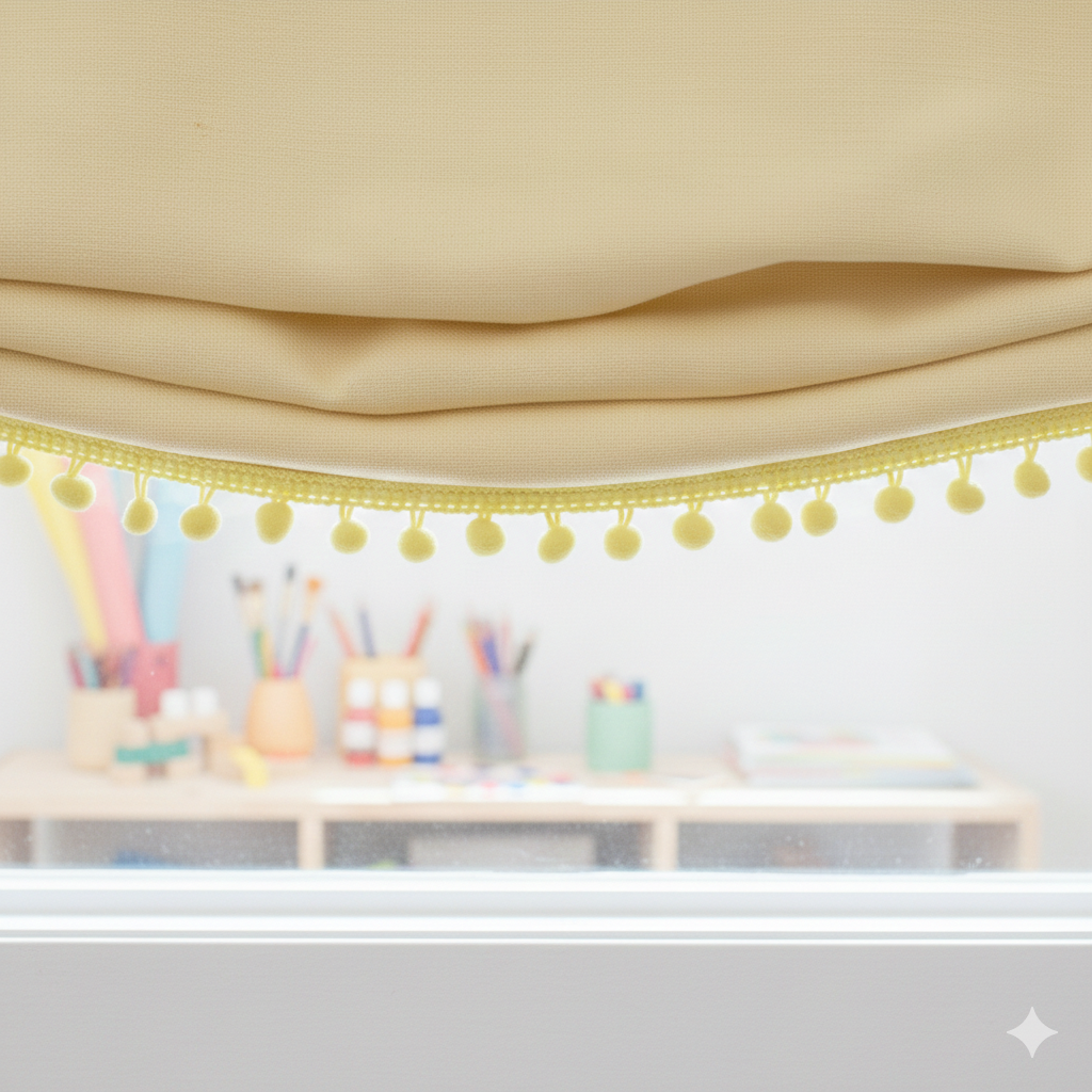 Decorative yellow pom-pom garland on a beige curtain with a blurred classroom background.