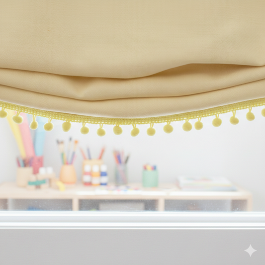 Decorative yellow pom-pom garland on a beige curtain with a blurred classroom background.