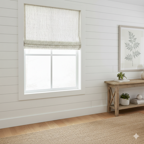 Window with a embroidered striped dot linen roman shade in a room with wooden flooring and a small table with decor items.

