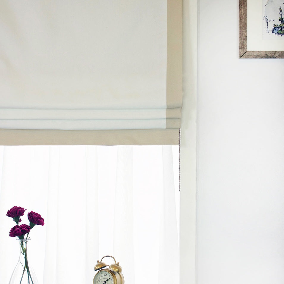 White Linen Flat Roman Shades with Band Bordered Ivory Trim/CL1010 - Classic & Modern Home
