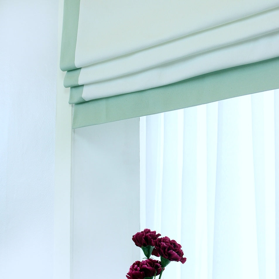 White Flat Roman Shades with Mint Trim/CL1010 - Classic & Modern Home