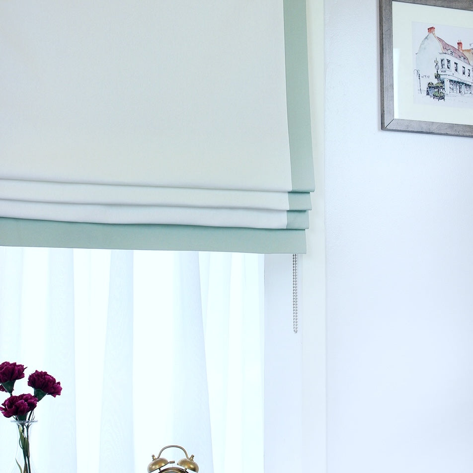 White Flat Roman Shades with Mint Trim/CL1010 - Classic & Modern Home