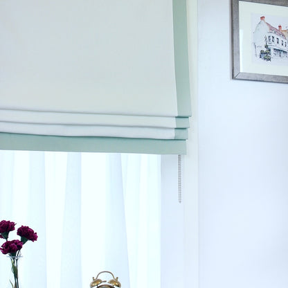 White Flat Roman Shades with Mint Trim/CL1010 - Classic & Modern Home