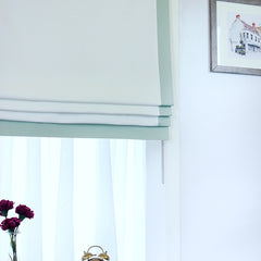 White Flat Roman Shades with Mint Trim/CL1010