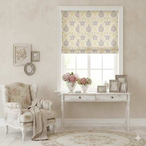 floral damask jacquard roman shade in shabby chic style living room.