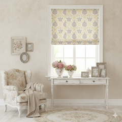 floral damask jacquard roman shade in shabby chic style living room.