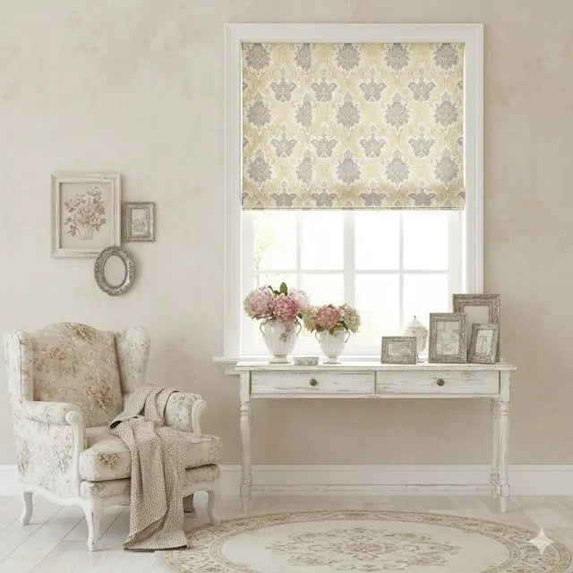 Decorative floral jacquard flat roman shade with floral pattern in a room with armchair and table.