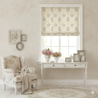 Decorative floral jacquard flat roman shade with floral pattern in a room with armchair and table.