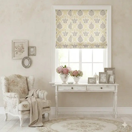 Decorative floral jacquard flat roman shade with floral pattern in a room with armchair and table.