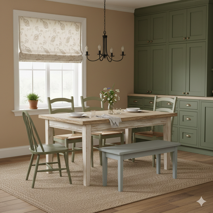 Dining room with flower linen flat roman shade, wooden table, chairs, and a chandelier.