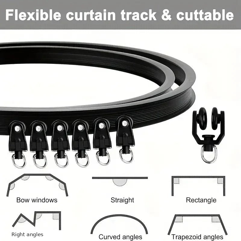 Black flexible curtain track shown in bow, straight, rectangle, right-angle, curved and trapezoid layouts